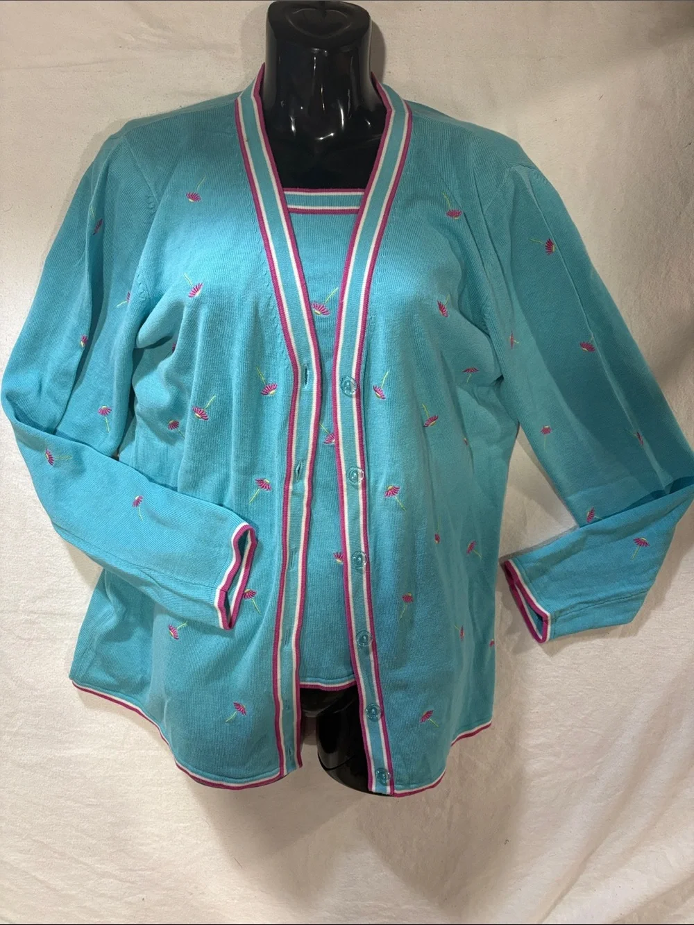 Vintage Quacker Factory Teal Floral Knit Sweater Vest Cardigan Set M